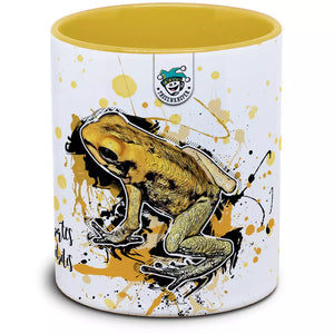 Bunte Phyllobates terribilis Frösche auf einem Tassenkasper von TK Tassen, detailreiche Illustration in lebendigen Farben