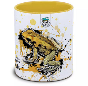 Bunte Phyllobates terribilis Frösche auf einem Tassenkasper von TK Tassen, detailreiche Illustration in lebendigen Farben