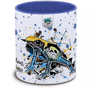 Dendrobates tinctorius Brasilianer, farbige Pfeilgiftfroschart in Terrarium, von TK Tassen, detailreiche Nahaufnahme