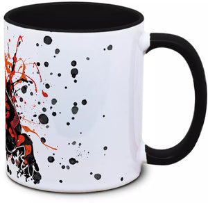 Bunte Salamandra salamandra Tasse in Rot, gestaltet vom Tassenkasper, detailreiche Illustration auf weißem Hintergrund