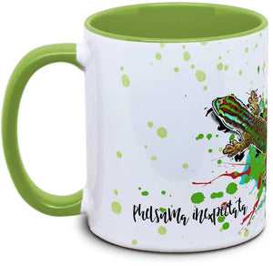 Phelsuma inexpectata Tassenkasper, lebendige grüne und blaue Geckofigur in einer Schüssel, detailreiche Darstellung, TK Tassen-Marke