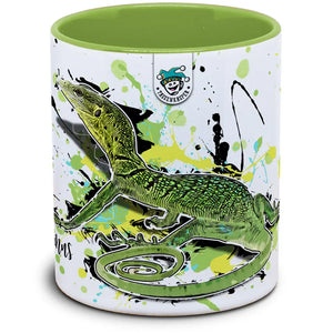 Grüner Varanus prasinus Tassenkasper von TK Tassen, detailreiche Tasse mit Dinosaurien-Motiv, handgefertigt, keramisch.
