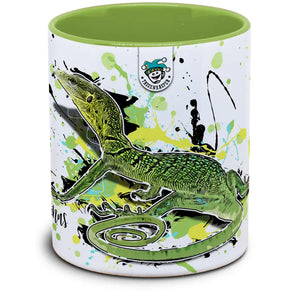 Grüner Varanus prasinus Tassenkasper von TK Tassen, detailreiche Tasse mit Dinosaurien-Motiv, handgefertigt, keramisch.