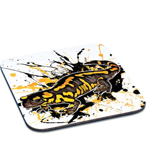 Gelber Salamandra Salamandra Untersetzer von Tassenkasper, aus der TK Untersetzer Serie, zeigt detailliertes Tierdesign.
