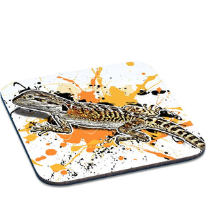 Untersetzer mit Pogona vitticeps Motiv, aus Keramik, von TK Untersetzer, zeigt detailreiche Eidechse auf braunem Hintergrund