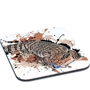 Untersetzer mit Tiliqua scincoides Design von TK Untersetzer, runder Tassenständer aus Holz für heiße Getränke, detailreiche Illustration