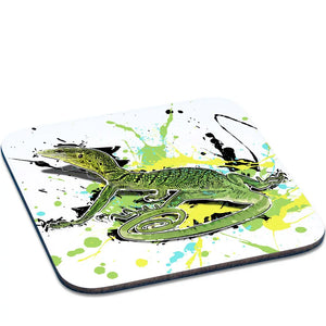 Untersetzer Varanus prasinus von Tassenkasper, grüner Leguan auf dem bunten Untersetzer, detailreiche Illustration, umweltfreundliches Design