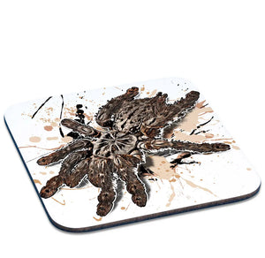 Heteroscodra maculata Untersetzer von Tassenkasper, detailreiche Illustration auf schwarzem Hintergrund, ideal für Spinnenliebhaber